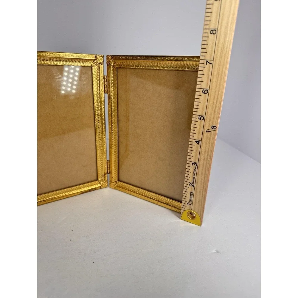 Vintage Brass Double Picture Frame 5x7‎ Hinged Folding Gold Ornate Frame